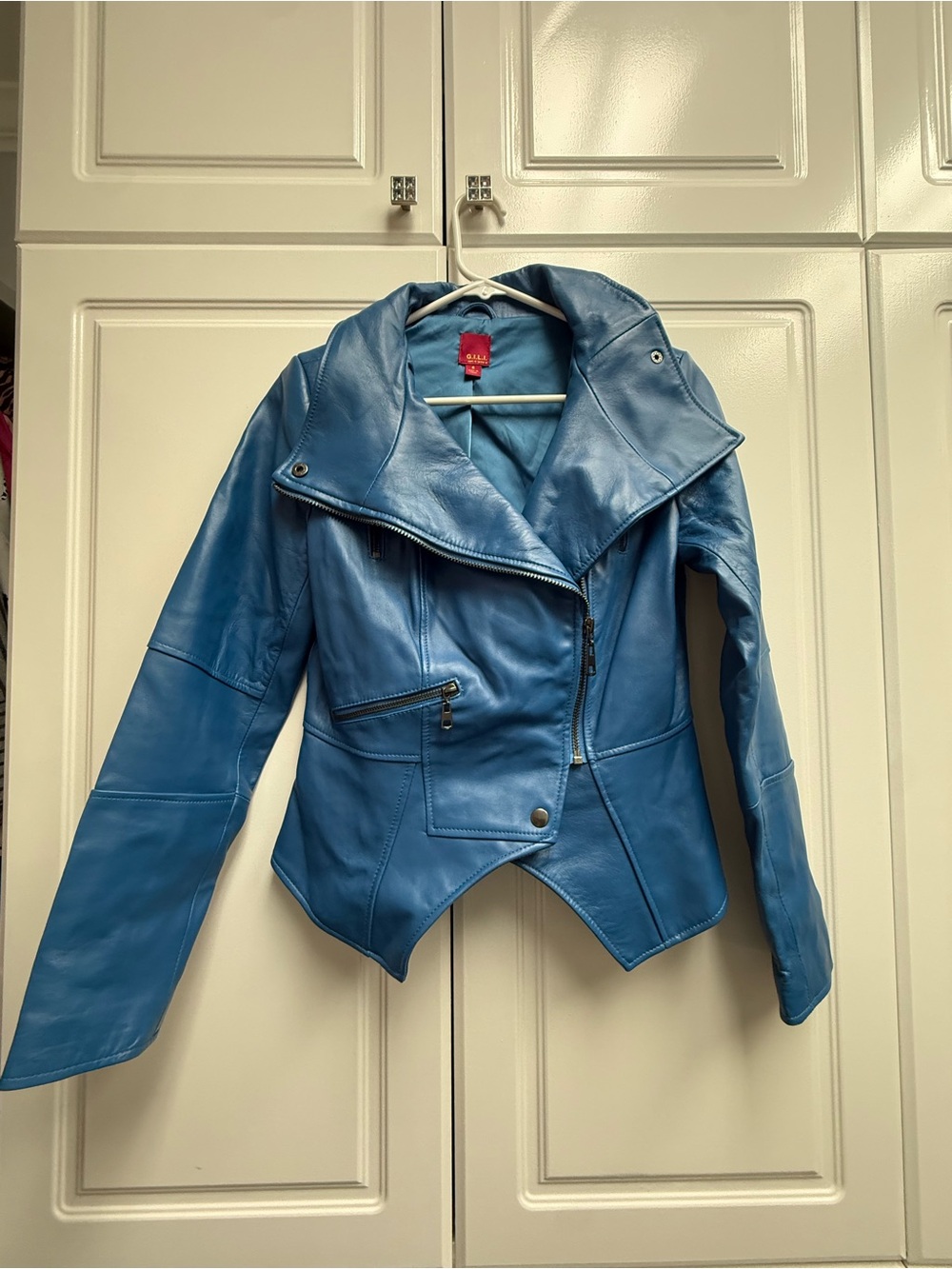 G.I.L.I. Blue Asymmetrical Leather Moto Jacket